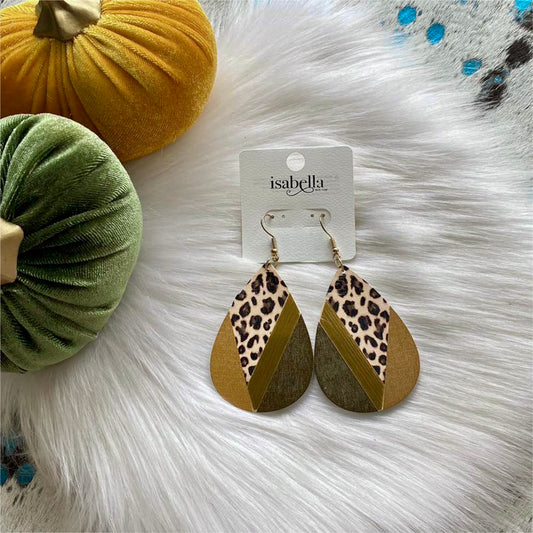 Olive & Gold Leopard Wooden Teardrop Earrings
