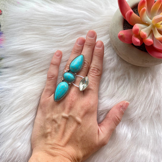 Turquoise Bar & Crystal Double Adjustable Ring