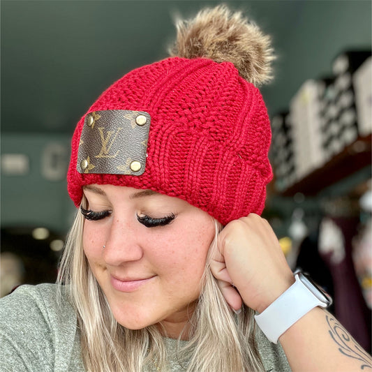 Upcycled Red Knitted LV Beanie
