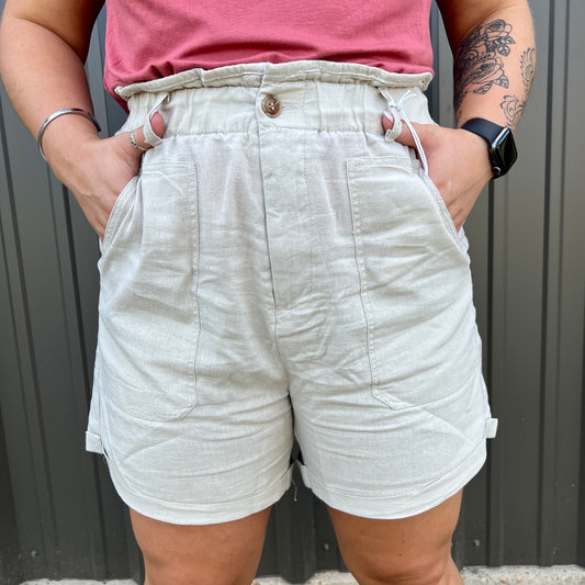 Taupe Linen Paper Bag Shorts